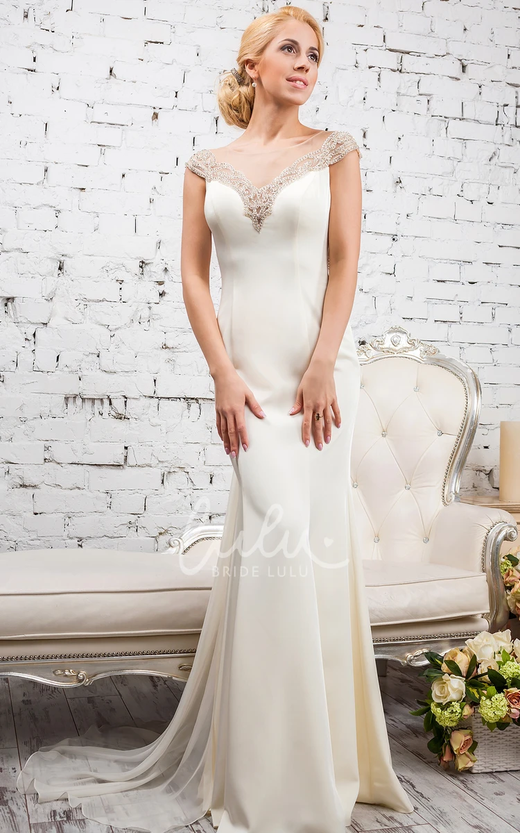 Satin & Tulle Beaded Sheath Wedding Dress with Cap Sleeves