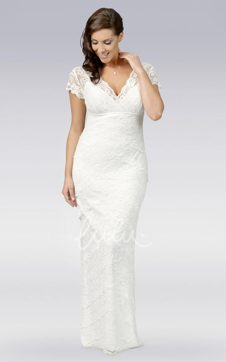 Lace Cap-Sleeve Sheath Wedding Dress V-Neck Elegant Bridal Gown