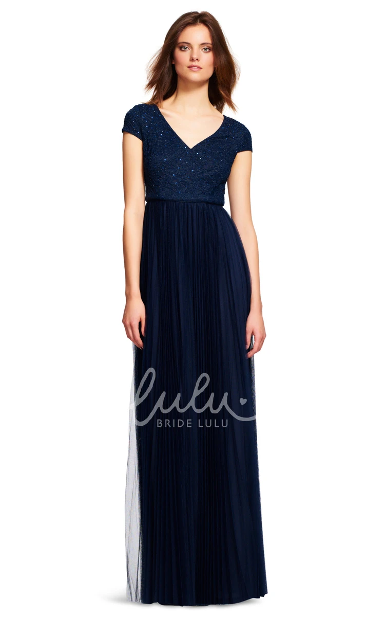 Sequined Sheath Bridesmaid Dress Lace Cap-Sleeve V-Neck Pleated