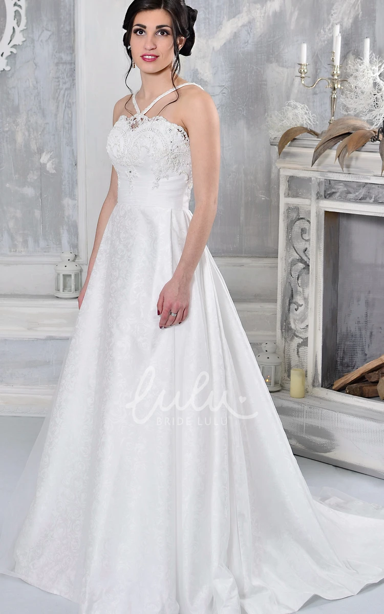 Satin Appliqued A-Line Wedding Dress Long Sleeveless Bridal Gown