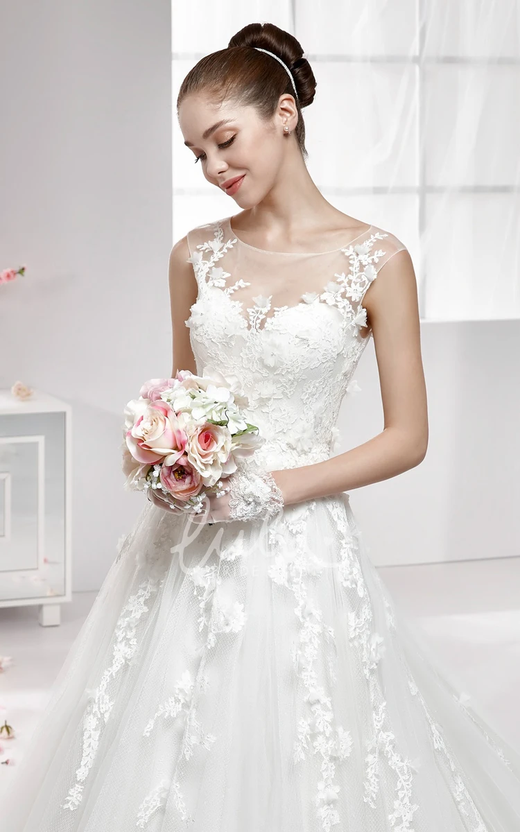 A-Line Wedding Gown with Jewel-Neck and Illusive Lace Appliques