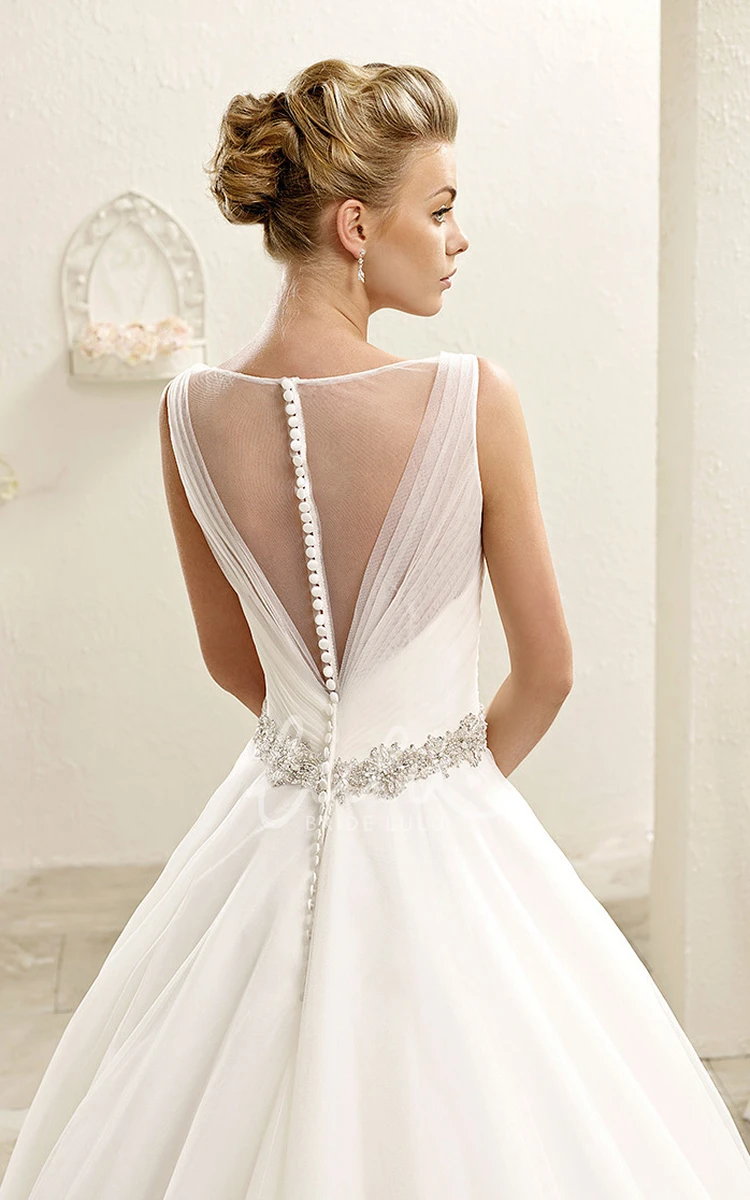 Ruched Bateau-Neck Tulle Wedding Dress with Jewelled Waist Ball Gown Style