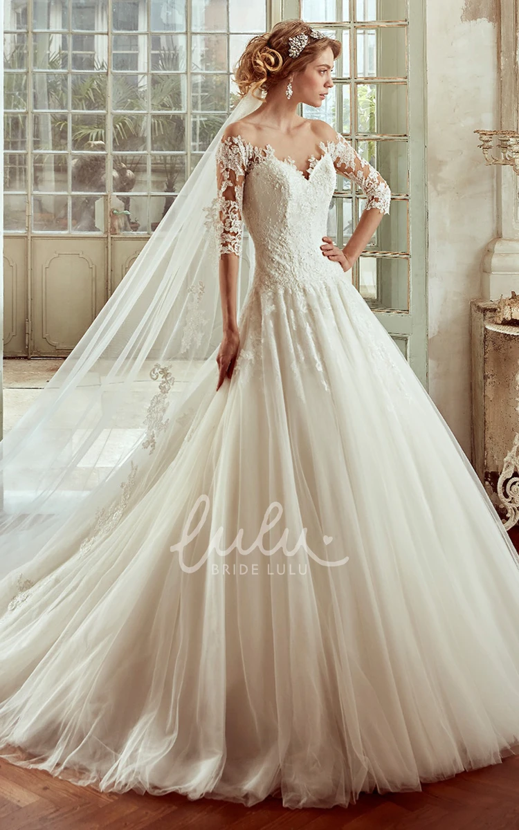 Half Sleeve Sweetheart Tulle Wedding Dress with Pleats and Embellishments