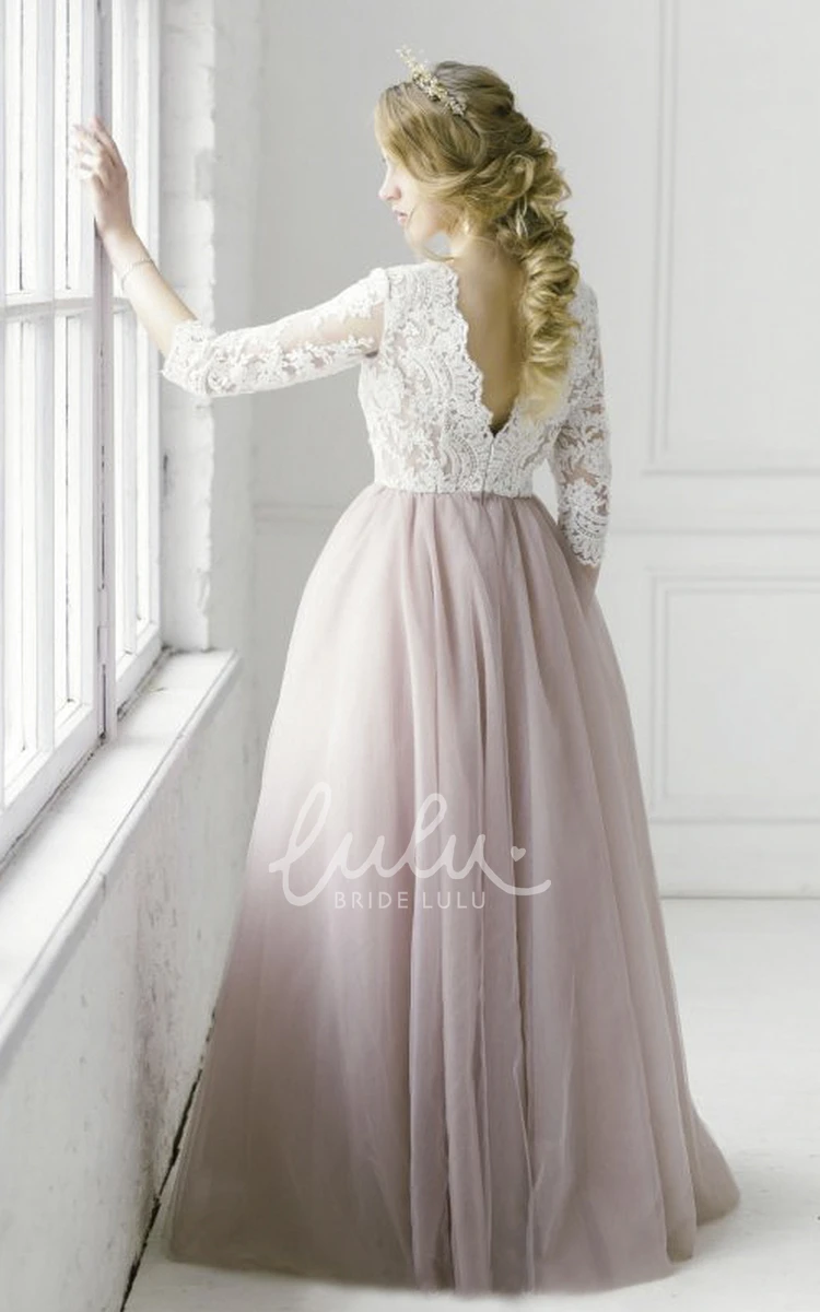 Lace V-neck Tulle Wedding Dress with 3/4 Sleeves Elegant Bridal Gown