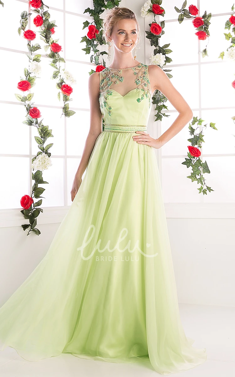 Sleeveless Scoop-Neck Sheath Chiffon Bridesmaid Dress with Illusion and Beading