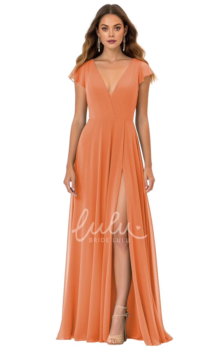 A-Line V-neck Chiffon Bridesmaid Dress with Split Front Modest and Classy