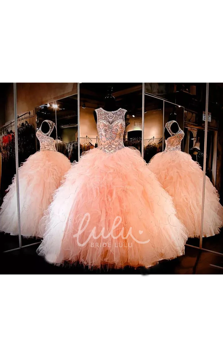 Ball Gown Tulle Prom Dress with Beading Ruching and Ruffles Jewel Style