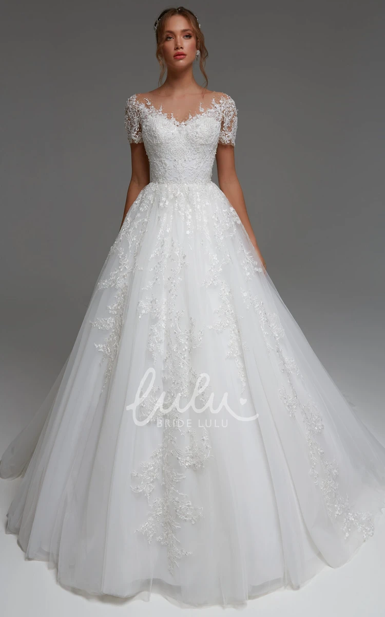 Romantic Bateau Tulle Short Sleeve Wedding Dress With Appliques A-line
