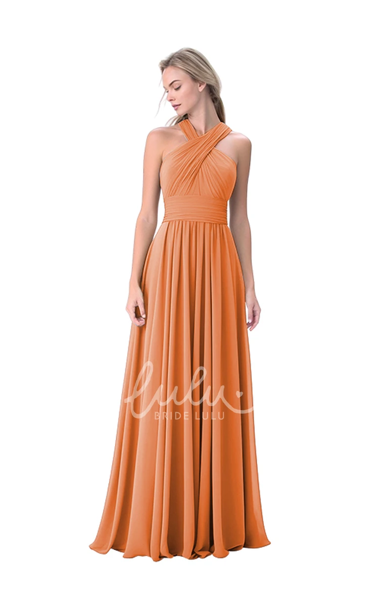 A-Line Chiffon Halter Neck Bridesmaid Dress with Ruching Classy Wedding Dress