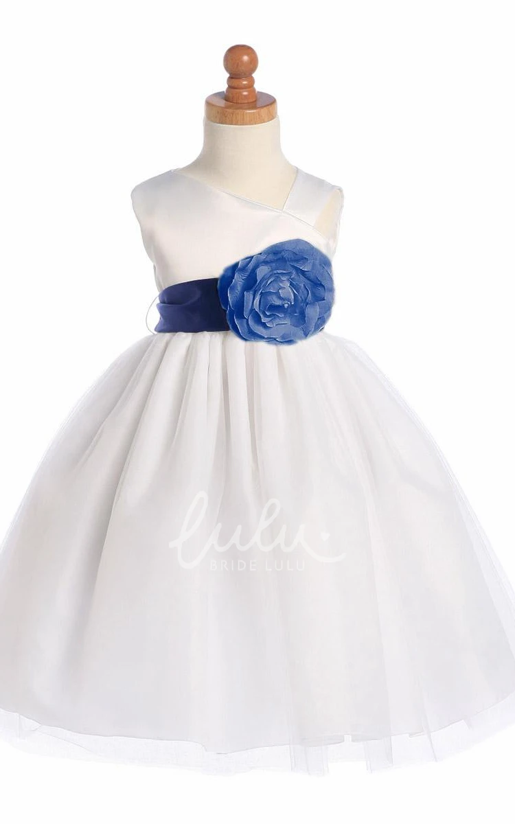 Floral Tea-Length Tulle&Satin Wedding Flower Girl Dress with Tiered Skirt