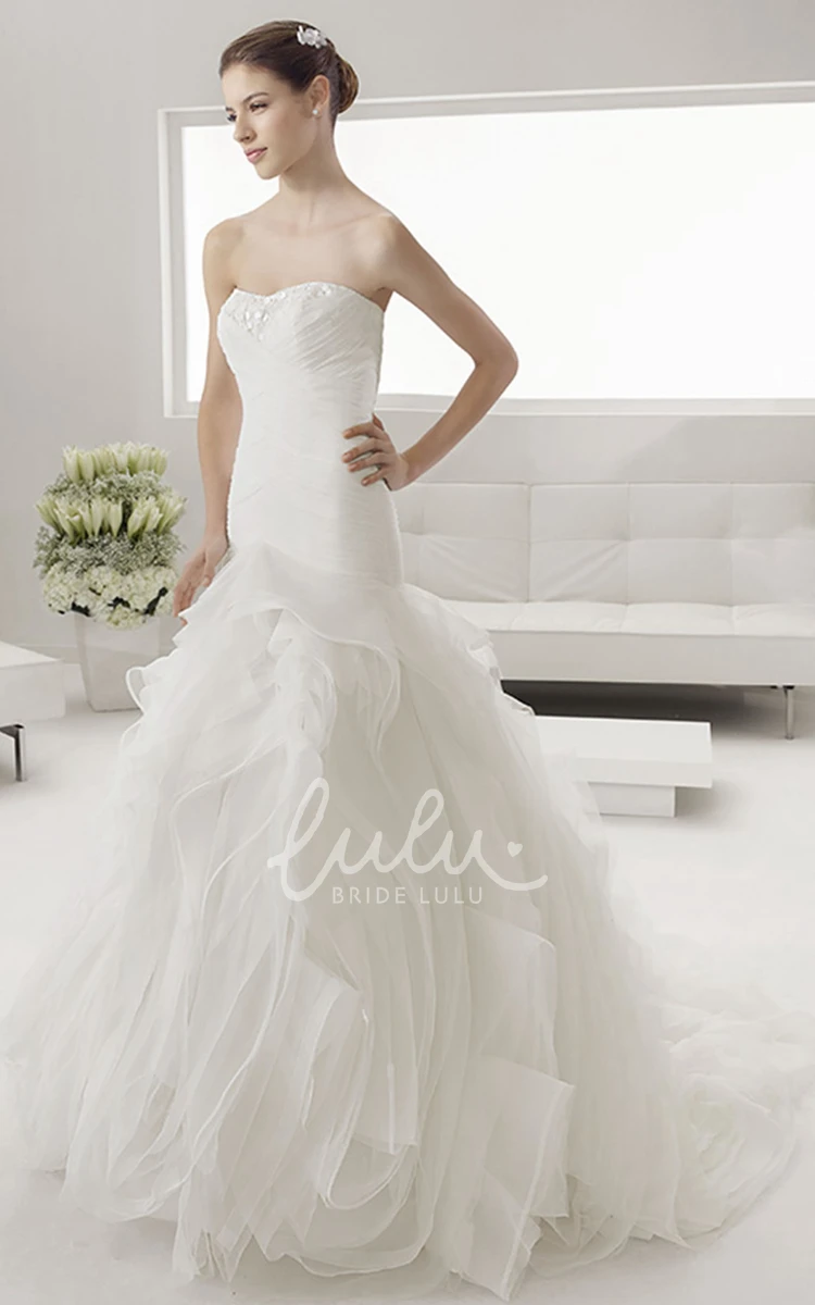 Ruched Bodice Mermaid Bridal Dress with Lace Neck and Floral Organza Skirt