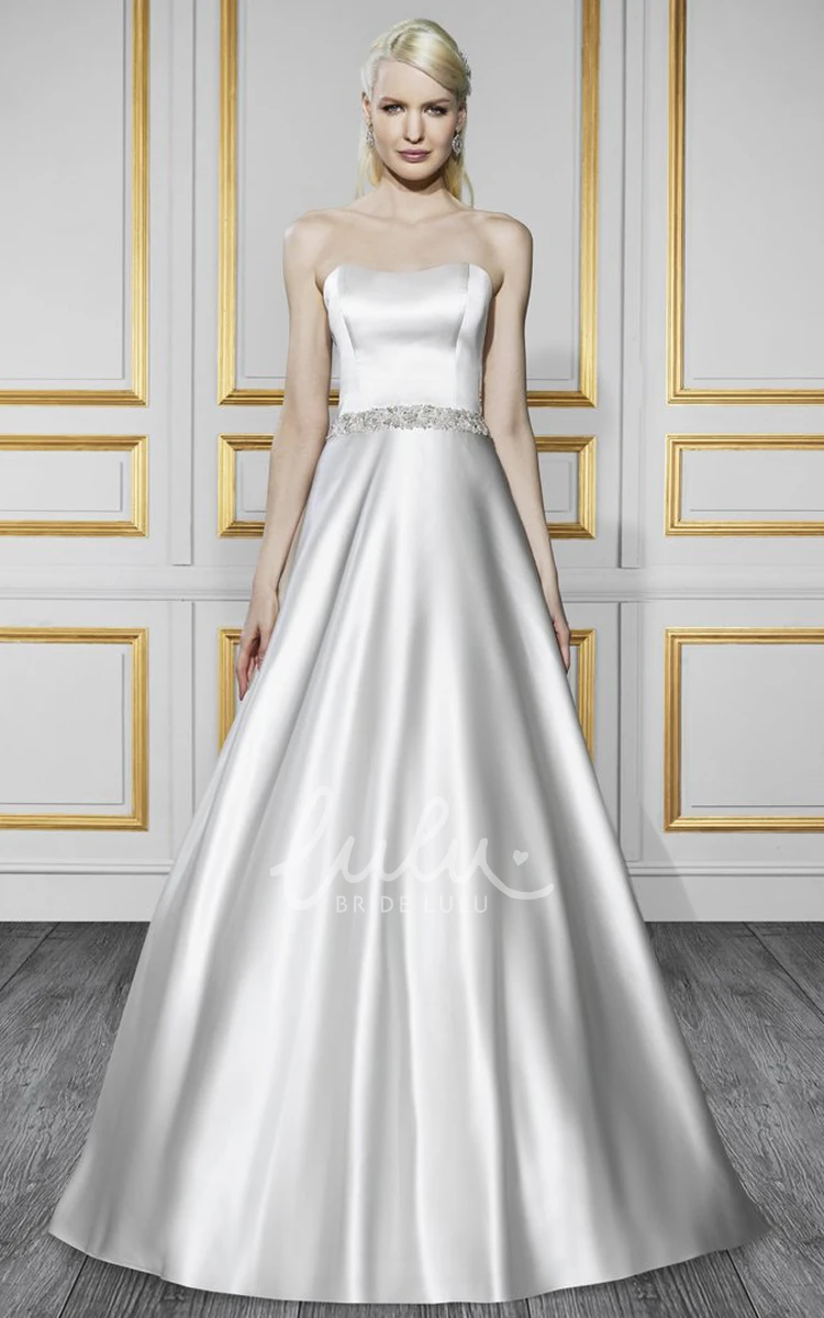 Jeweled Satin Strapless A-Line Wedding Dress with Bow and Backless Style Modern Bridal Gown