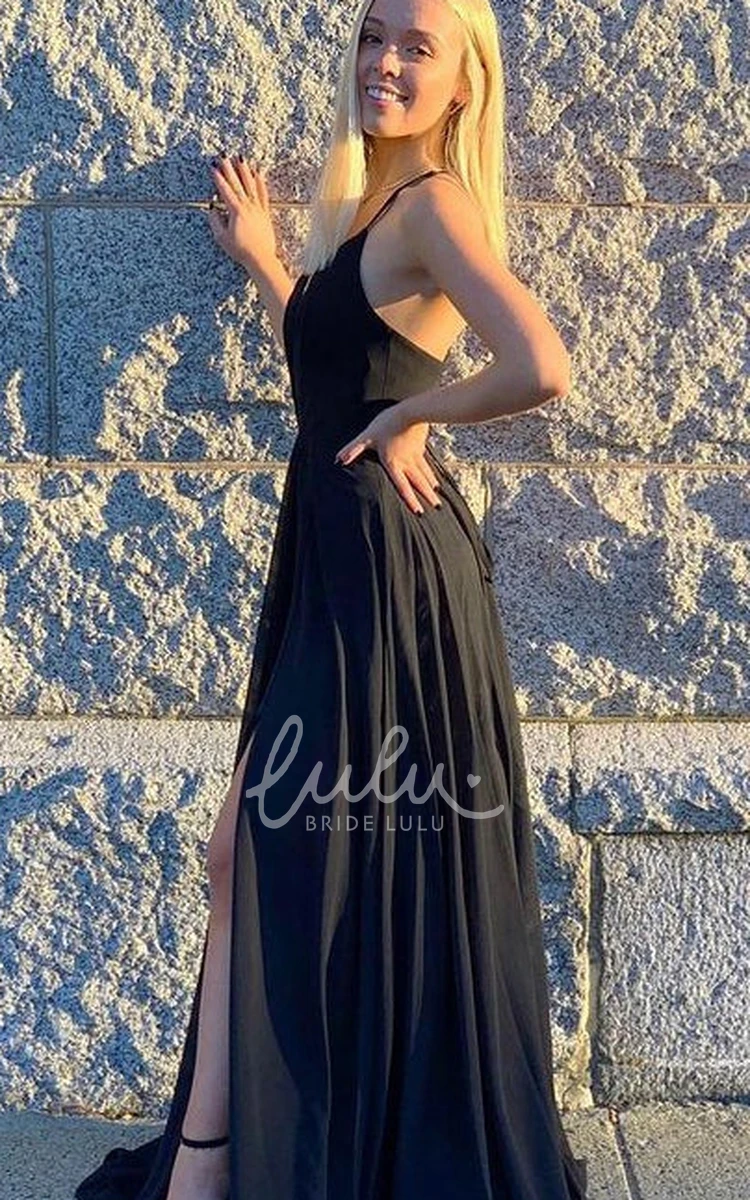 Split Front A-Line Sleeveless Formal Dress Simple Jersey Plunging Neckline Floor-length Gown