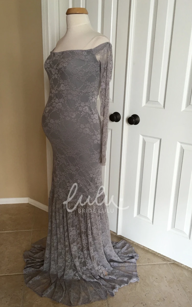 Lace Off-the-shoulder Maternity Bridesmaid Dress with Long Sleeves