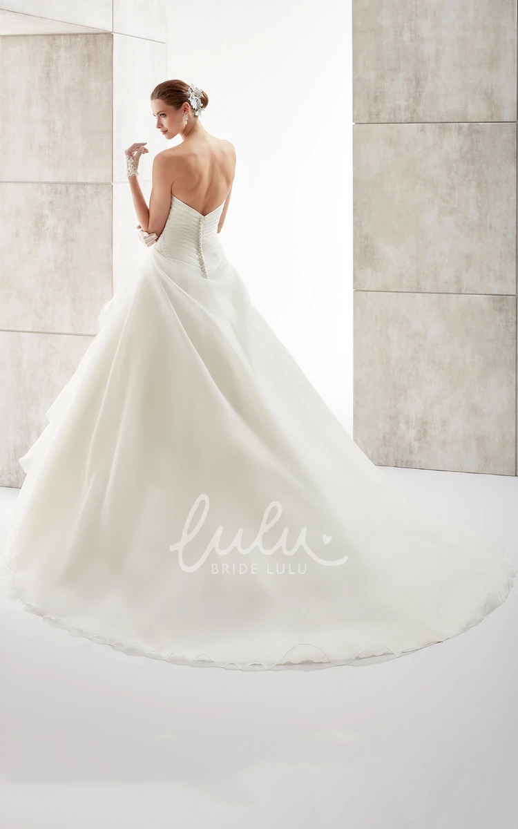 A-line Wedding Dress with Side Ruffles and Pleated Bodice Flowy Bridal Gown