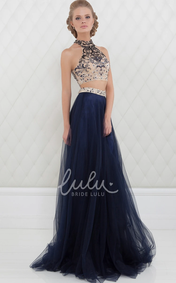 Maxi Tulle Prom Dress with High-Neck Beaded Sleeveless A-Line and Elegant Waist Jewellery