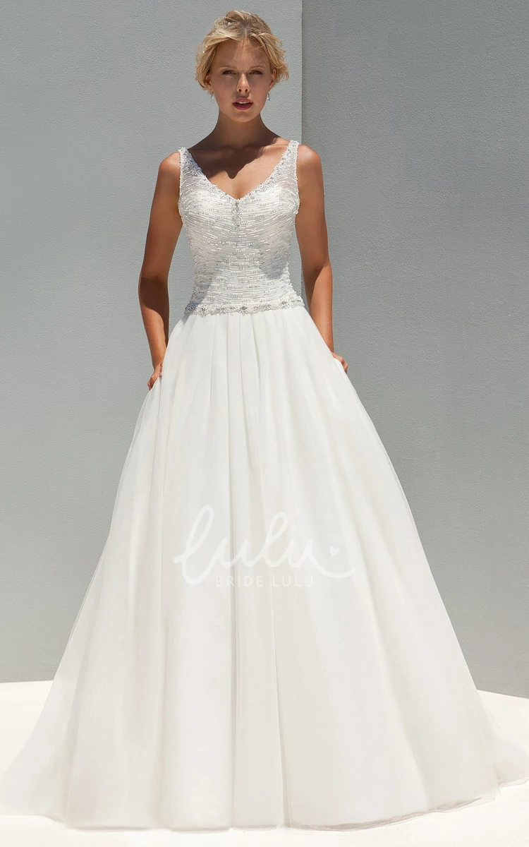 Sequined V-Neck A-Line Wedding Dress with Beading and Ruching