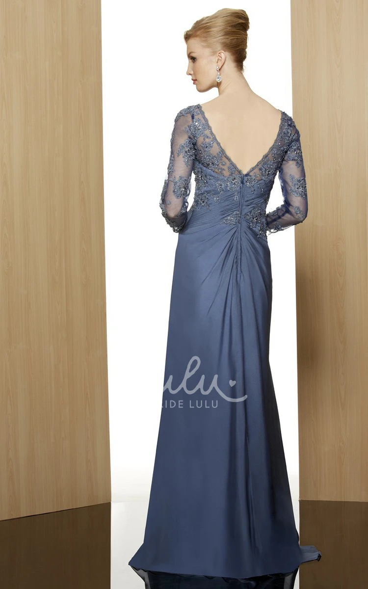 Satin V-Neck Appliqued Formal Dress with Beading Sheath Floor-Length 3/4 Sleeve