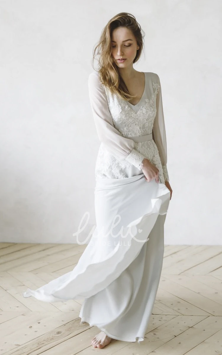 Chiffon Wedding Gown with Long Poet Sleeve and V-neck Lace Appliqued Split Chiffon Wedding Dress