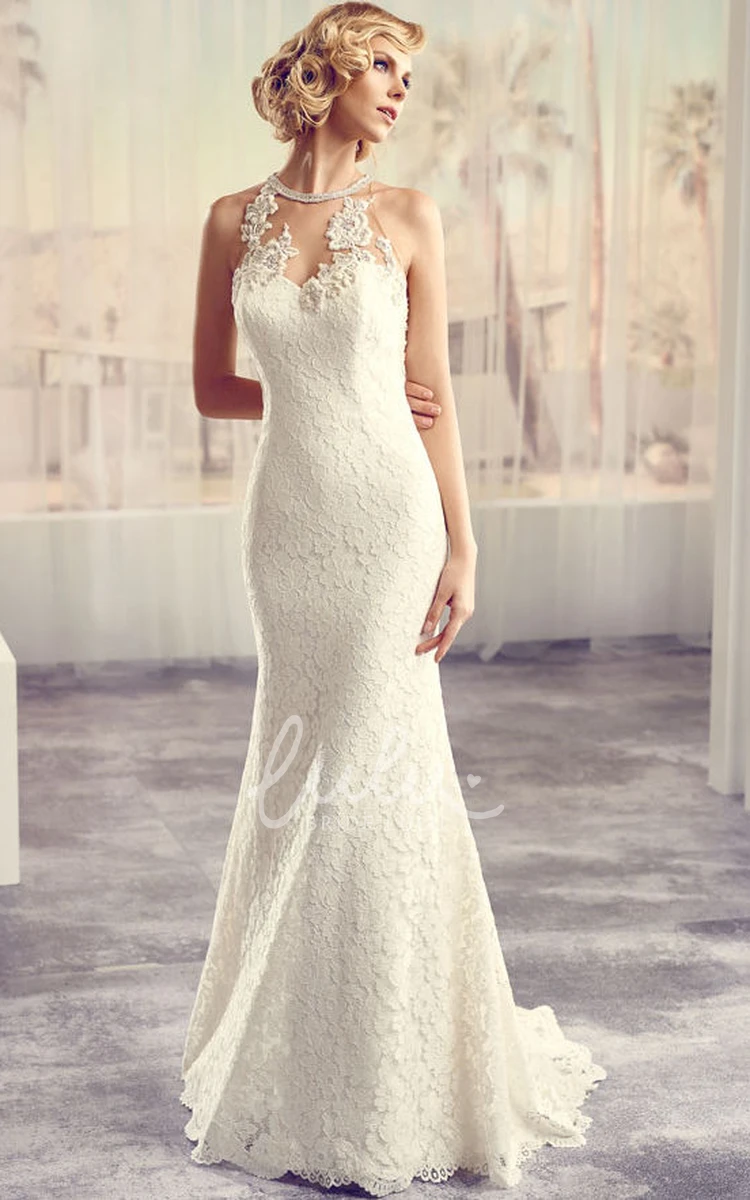 Long Appliqued Lace Wedding Dress with Court Train and Keyhole High Neck