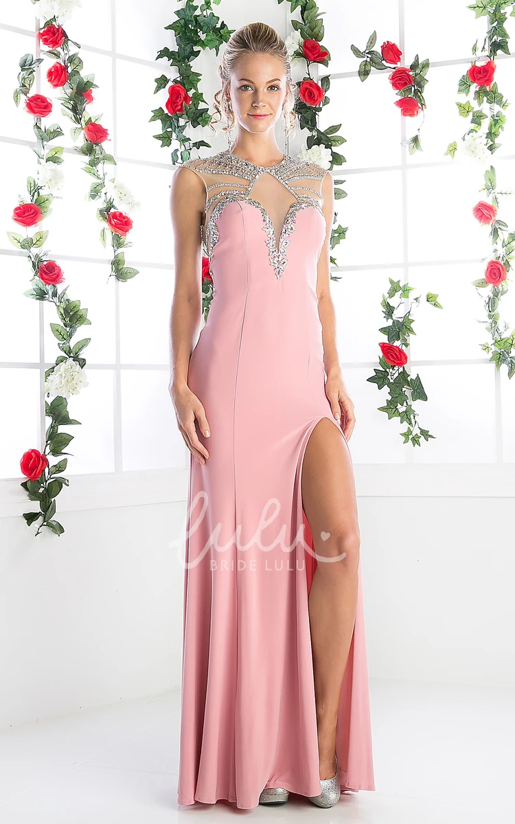 Sleeveless Beaded Sheath Dress with Split Front and Illusion Neckline