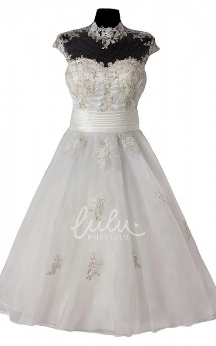 High Neck Cap-Sleeve Tea-Length Tulle Wedding Dress With Appliques A-Line Tea-Length Tulle Wedding Dress with Appliques and High Neck