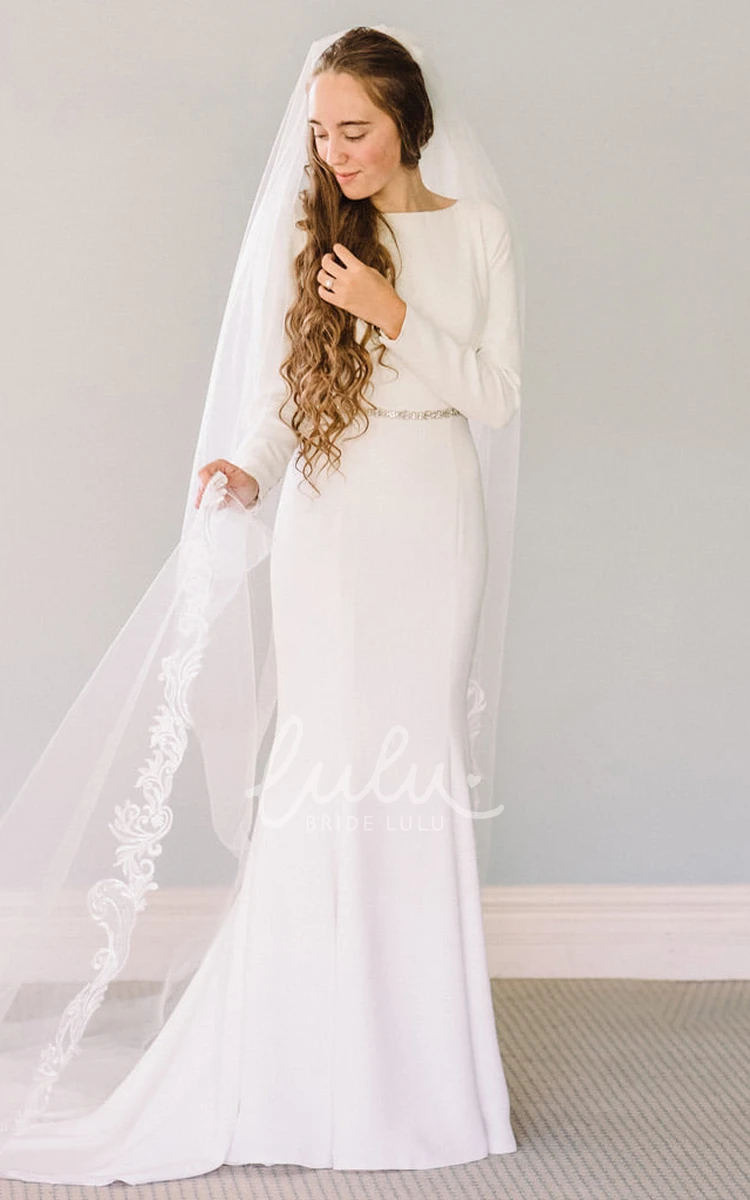 Satin Mermaid Bateau Wedding Dress with Beading and Sash Elegant & Modern