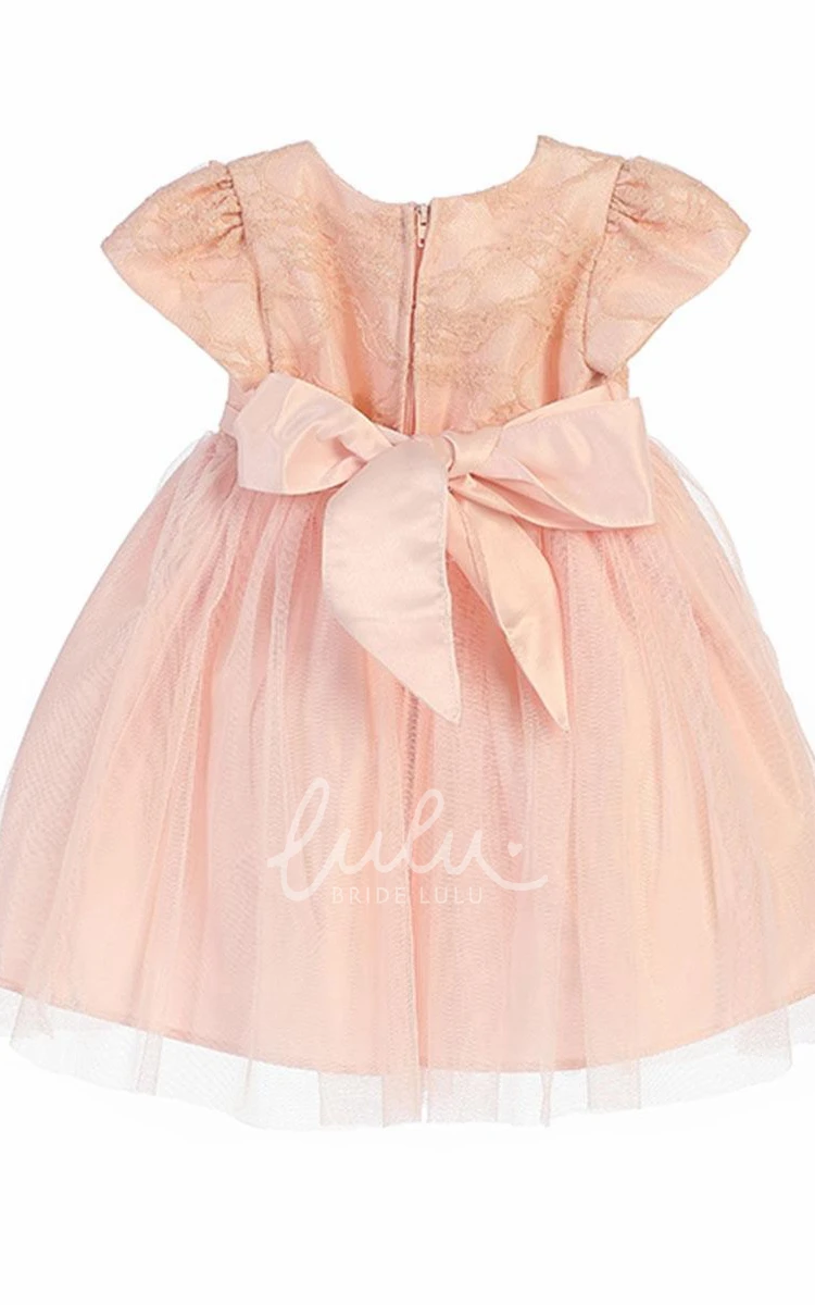 Lace and Satin Tea-Length Flower Girl Dress with Bow