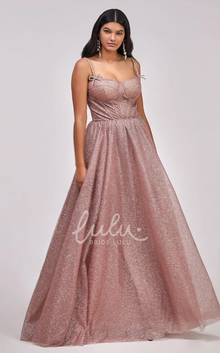 Romantic Sequins Spaghetti Formal Dress with Lace-up Back and Bow Women's Evening Gown