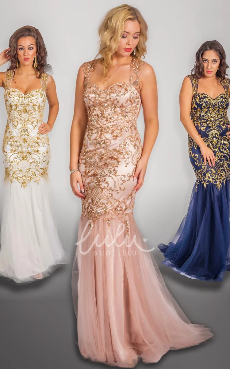 Sleeveless Beaded Tulle&Satin Prom Dress with Sequins Sheath Long Strapped Classy