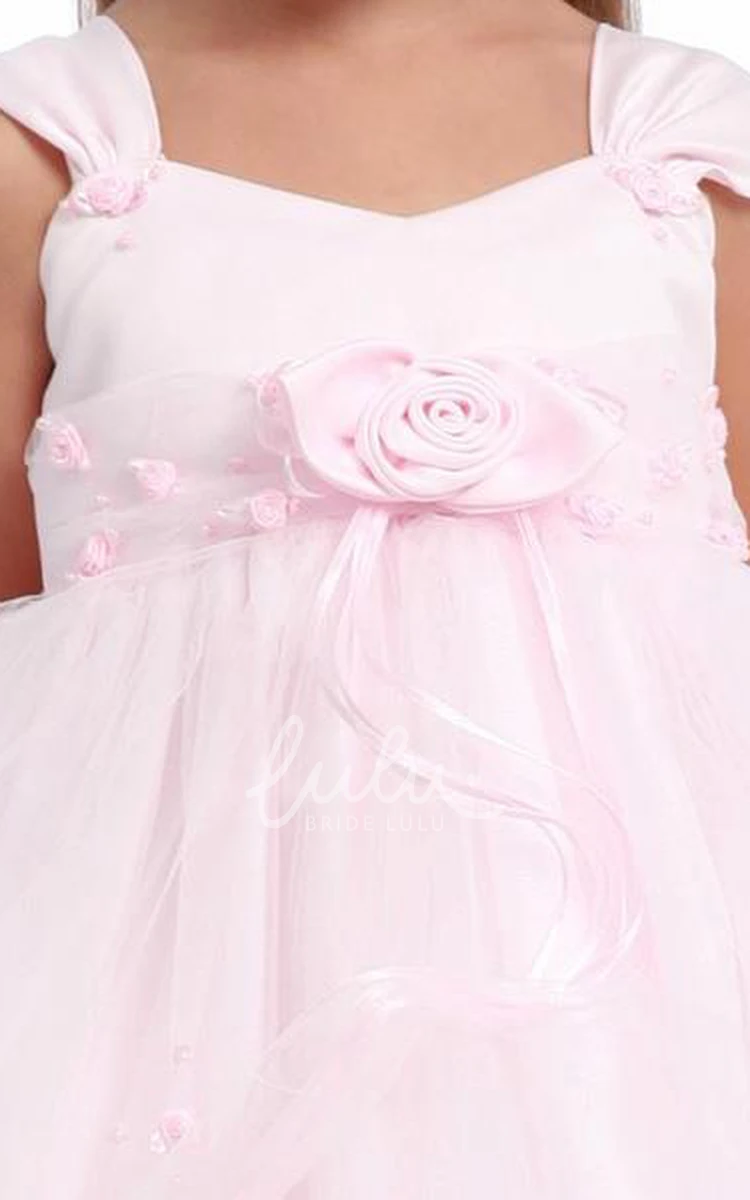 Floral Tulle and Satin Tea-Length Flower Girl Dress Simple Dress for Girls