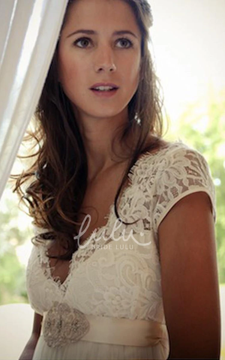 Chiffon Lace A-Line Wedding Gown with V-Neck and Low-V Back