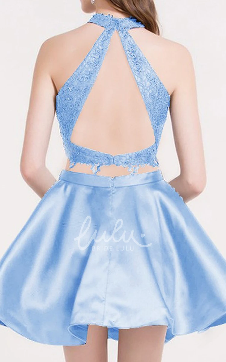 Short Two Piece A-Line Blue Boho Mini Homecoming Dress Floral Illusion Halter Neck Lace Satin Prom Cocktail Gown