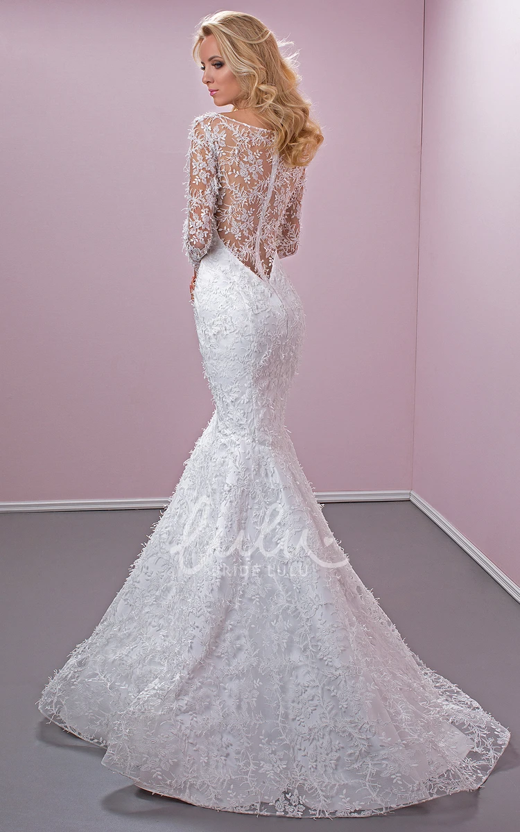 Long Sleeve Mermaid Lace Wedding Dress Appliqued Scoop Neck Court Train