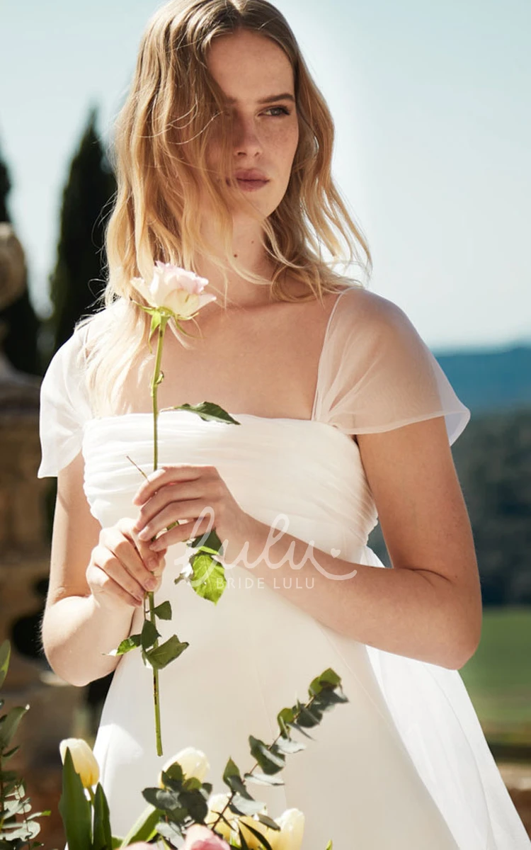 Satin A Line Wedding Dress with Short Sleeve and Button Back Elegant Wedding Dress with Square Neckline