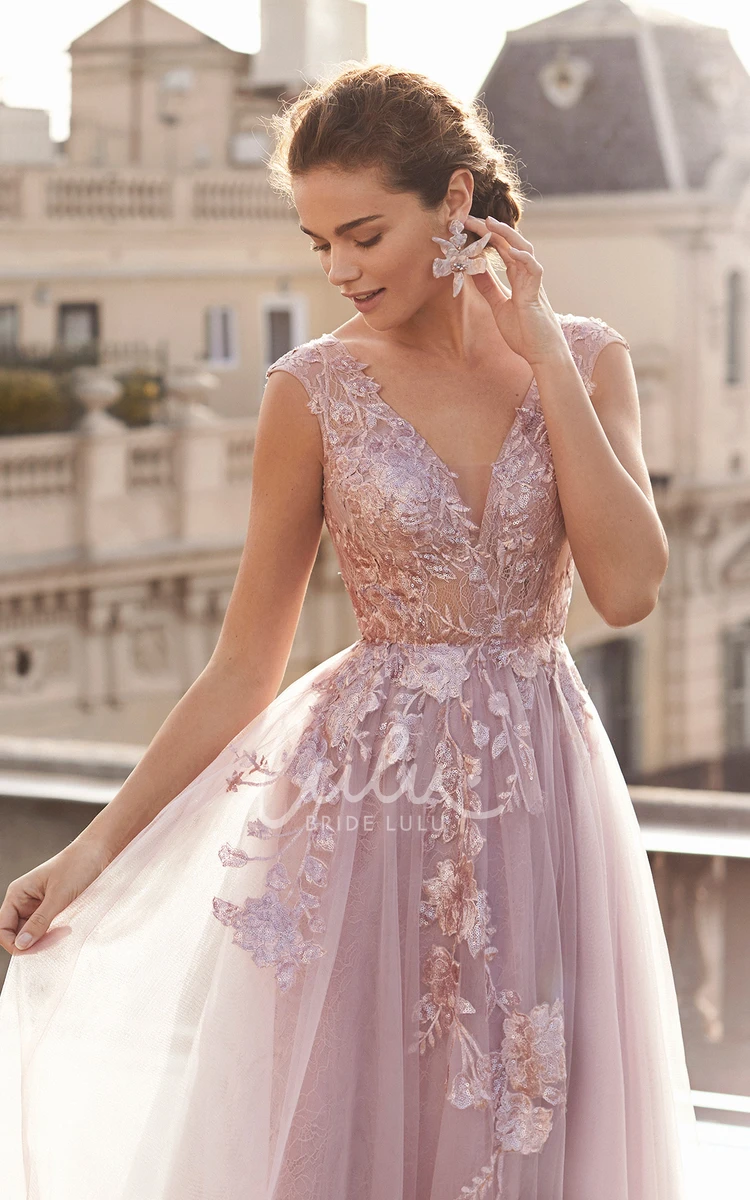 Formal Tulle A-Line Dress with V-Neckline and Appliques