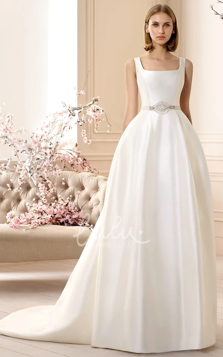Jeweled Long Satin Wedding Dress with Square-Neck A-Line Dress for Brides