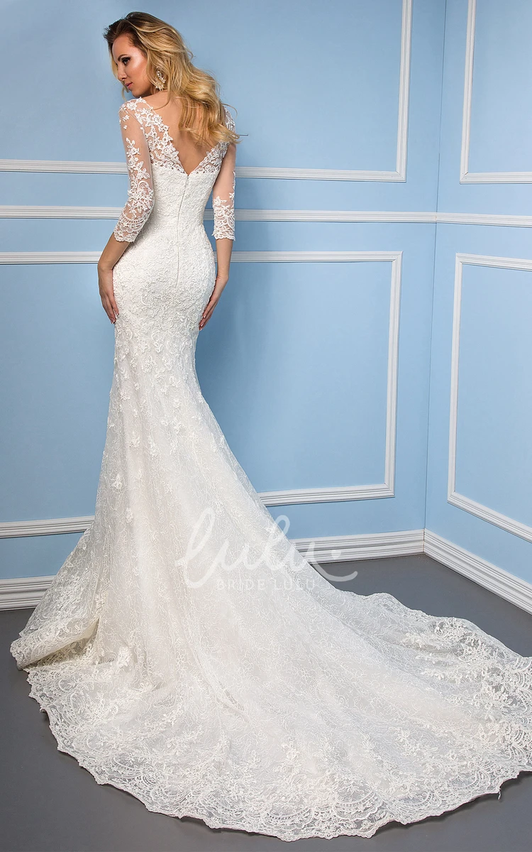 V-Neck Lace Wedding Dress with Chapel Train Mermaid Style