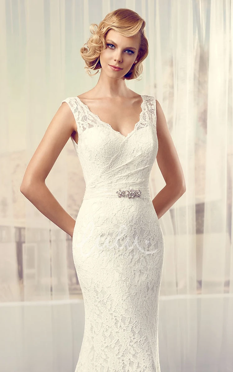 V-Neck Jeweled Lace Wedding Dress with Brush Train Floor-Length Style