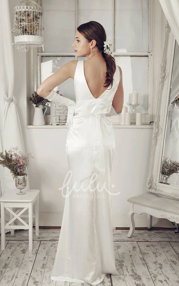 Jeweled Satin V-Neck Wedding Dress with Low-V Back and Bow Sheath Style