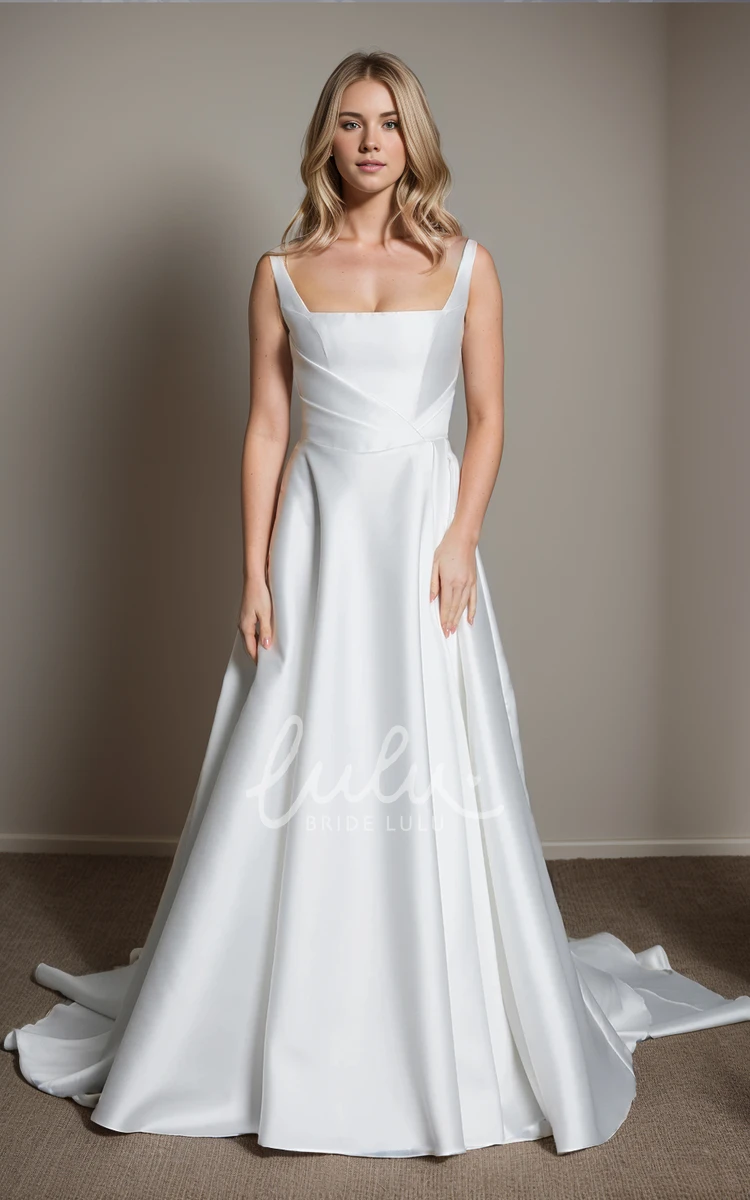 Elegant Simple Square Straps Neck Draping Pleats Floor-length Satin Wedding Gown Modern Solid A-Line Sleeveless with Train Zipper Back with Button Bridal Dress