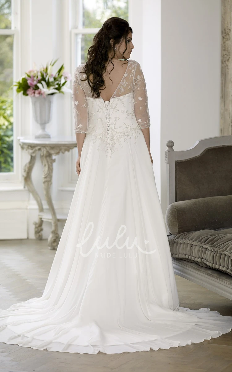 Chiffon Satin A-Line Wedding Dress with Low-V Back and Court Train