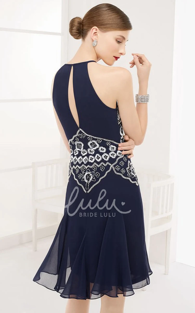 High Neck Chiffon Prom Dress with Embroidery & Keyhole Short Formal Dress