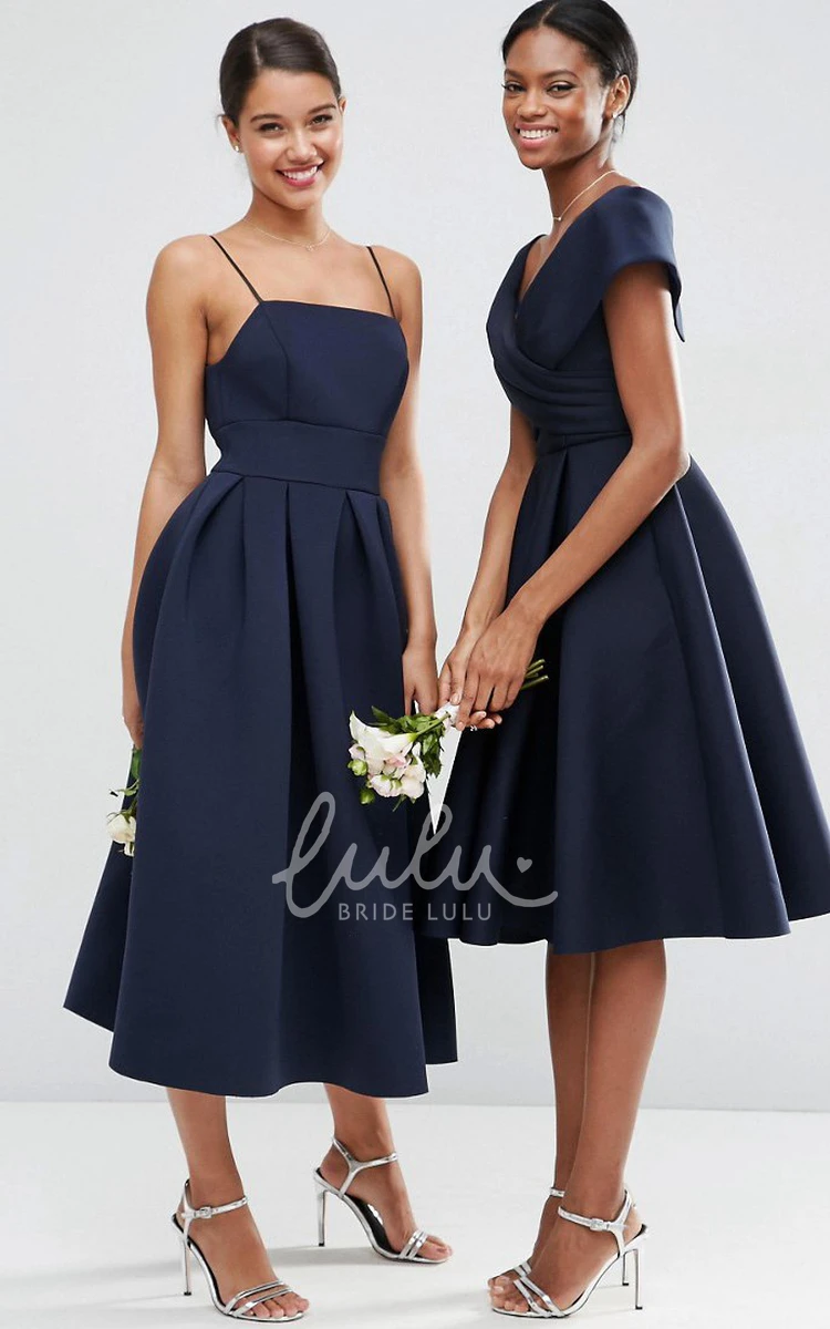 Satin Bridesmaid Dress A-Line Tea-Length Spaghetti Sleeveless