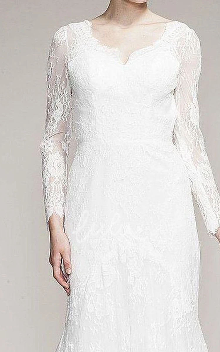 Long-Sleeve Lace Wedding Dress with V-Neck and Brush Train