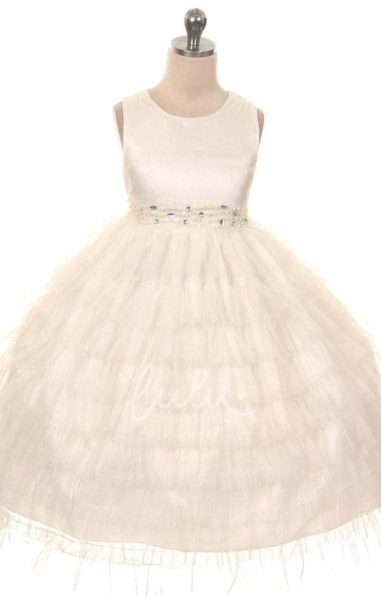 Tulle&Organza Beaded Flower Girl Dress Tea-Length Ruffled