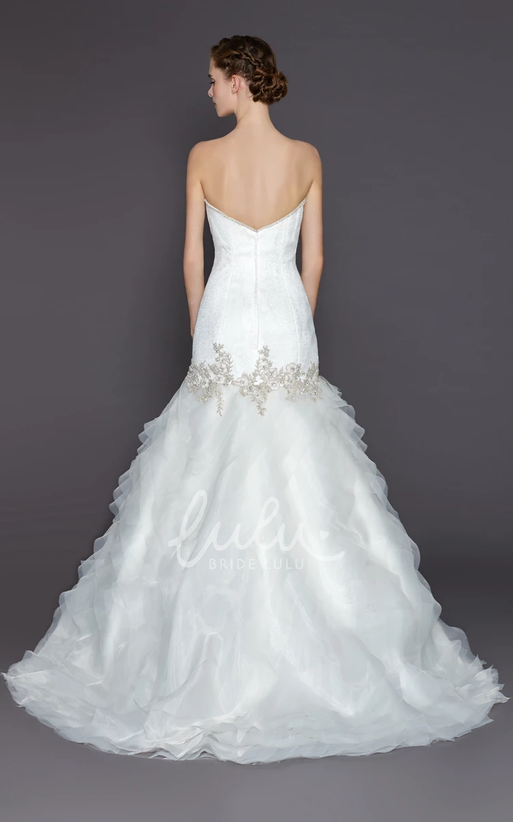 A-Line Organza Wedding Dress Beaded Sweetheart Sleeveless Floor-Length with Tiers and Ruffles