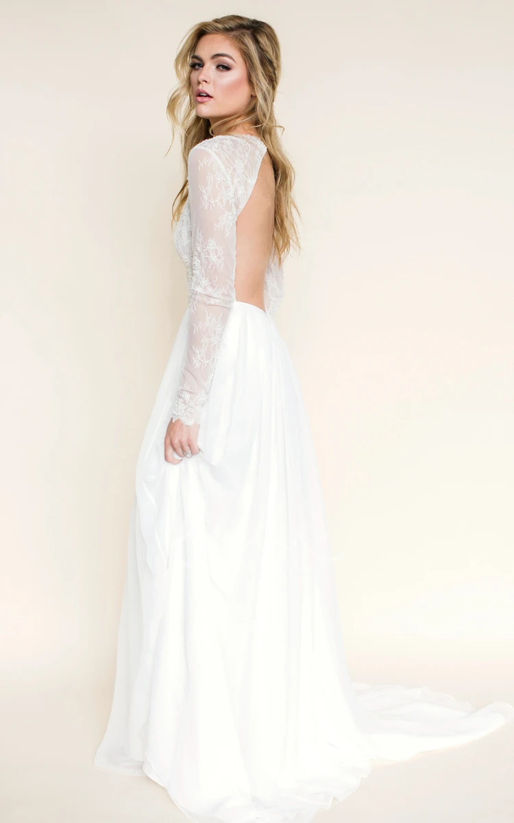 Illusion-Sleeve Lace Chiffon Maxi Wedding Dress Unique & Elegant