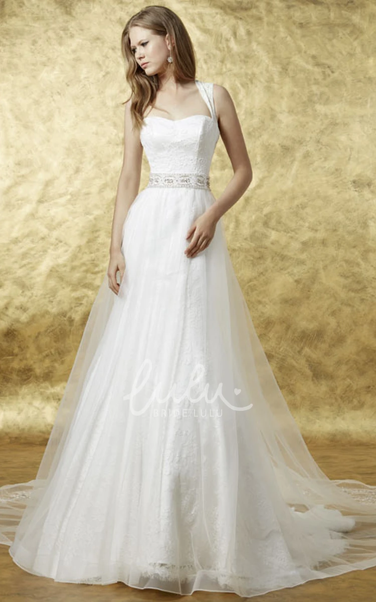 Tulle Appliqued Wedding Dress with Illusion Straps and Waist Jewelry Long Elegant