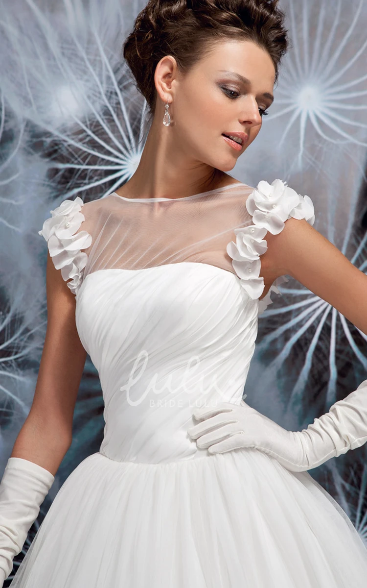 Flower and Corset Back High Neck Tulle Wedding Dress with Ruched Detail